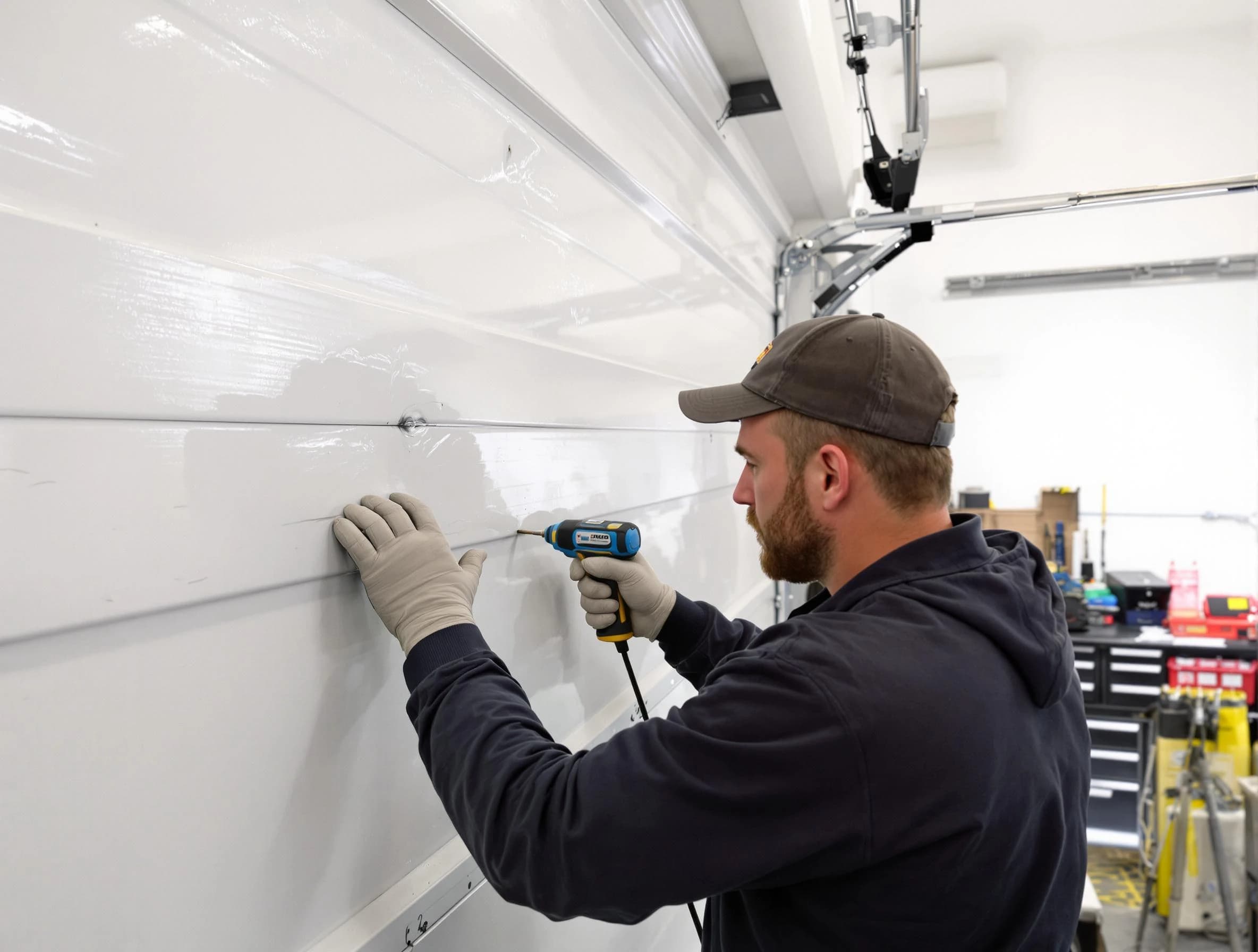 South Brunswick Garage Door Repair technician demonstrating precision dent removal techniques on a South Brunswick garage door